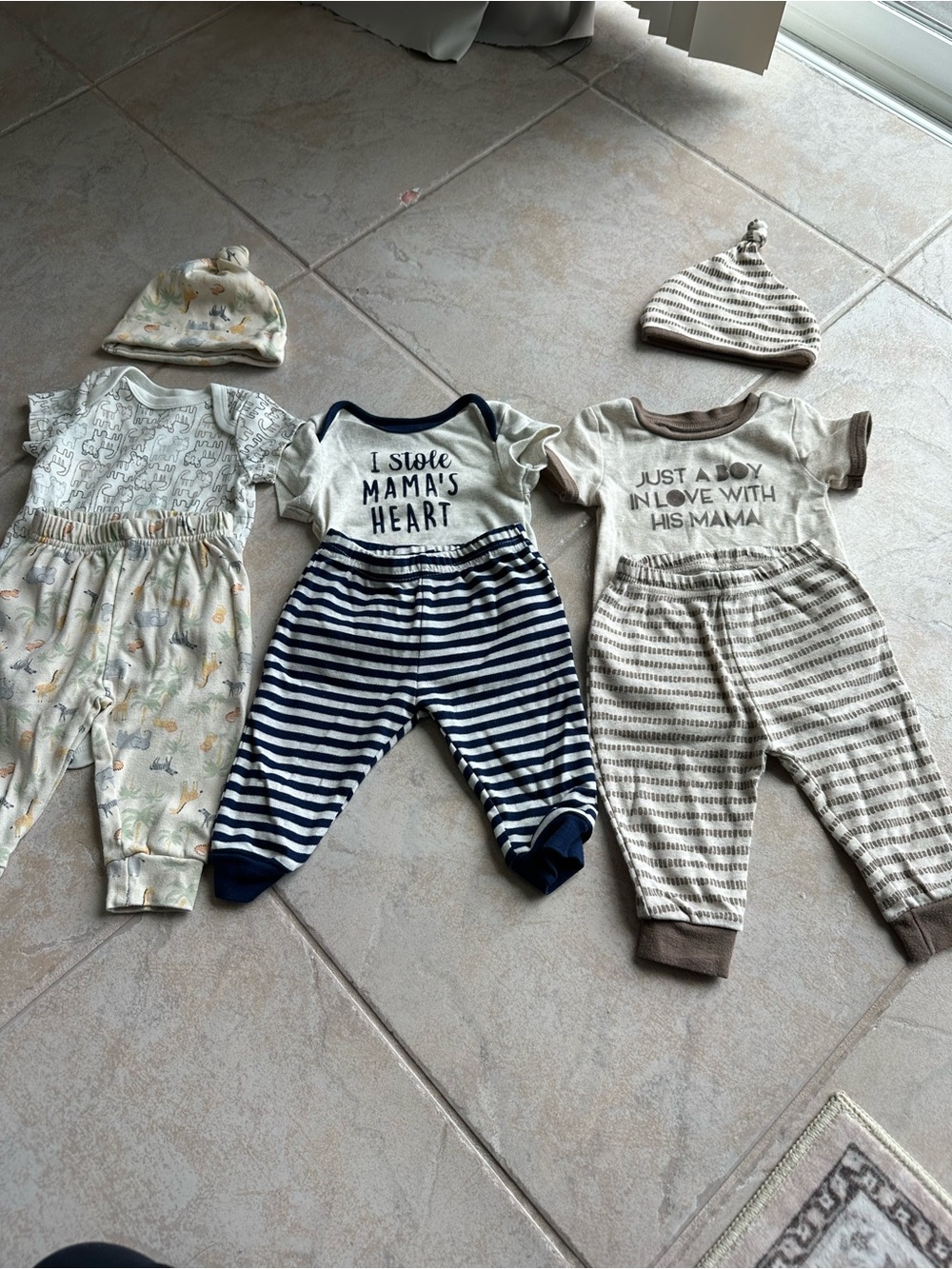 Baby Essentials Navy & Cream Striped One-Piece Set with Mama Print
